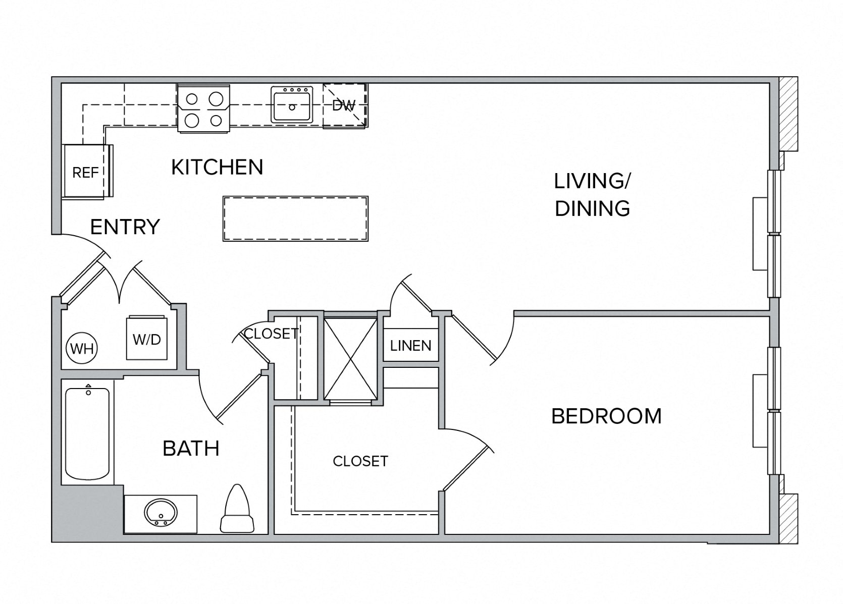 Floor plan for 1 bed, 1 bath, 801 sqft